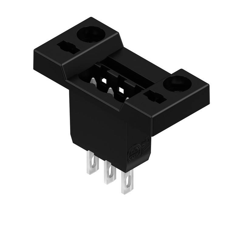 Ein schwarzer Plastik-Schlitztyp-Optokoppler mit drei Metallkontakten an der Basis, der zur Objekterkennung in elektronischen Geräten verwendet wird.