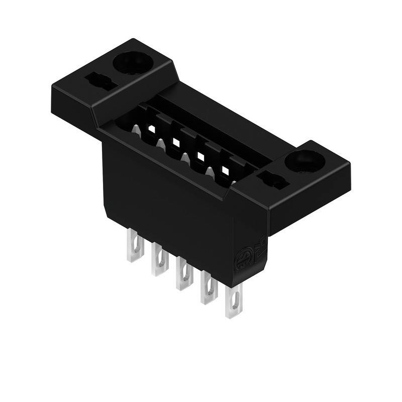 Ein schwarzer 8-Pin-Dockverbinder mit Befestigungslöchern, der für elektronische Anwendungen verwendet wird und seine Seiten- und Pinnkonfiguration für Kompatibilität zeigt.