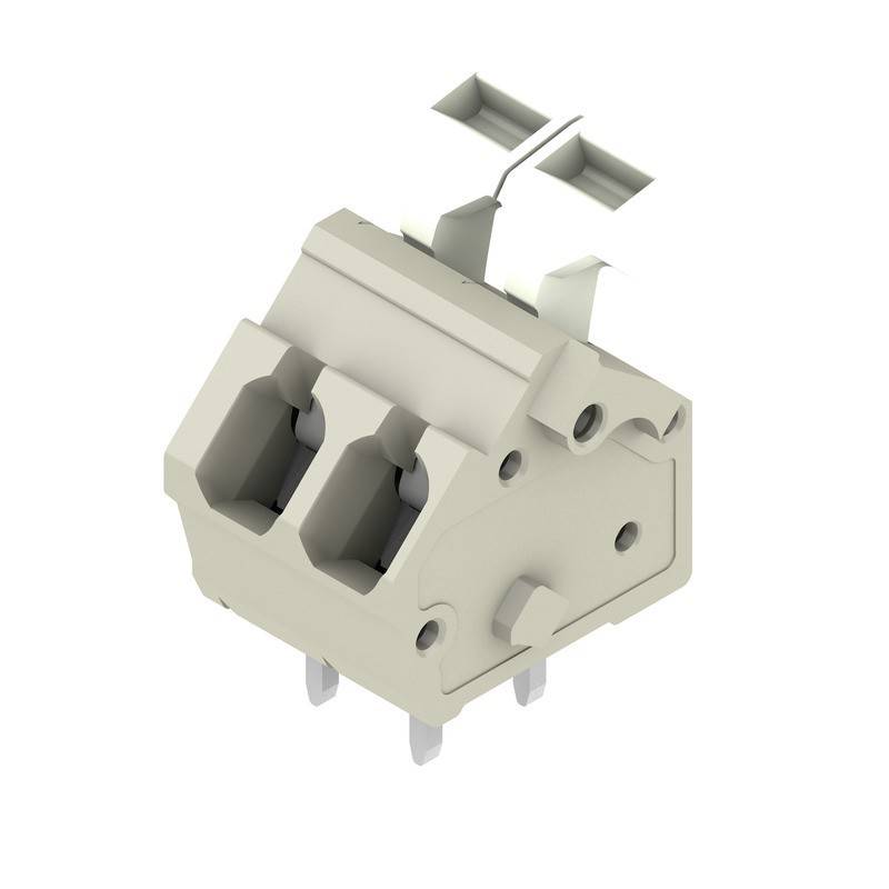 Ein zweipoliger elektrischer Stecker mit einem hellgrauen Gehäuse und Metallstiften, für die Platinenmontage konzipiert, aus einer Winkelansicht dargestellt.