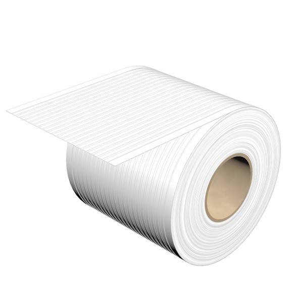 Eine Rolle weißes liniertes Papier entrollt sich leicht und gibt parallele Linien auf ihrer Oberfläche preis. Die Rolle hat einen hohlen braunen Kern.