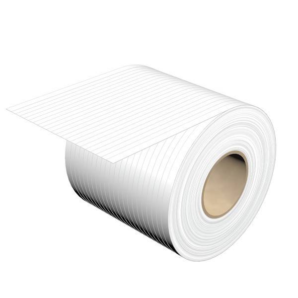 Eine große Rolle aus weißem, liniertem Klebeband, die sich leicht abrollt, mit sichtbaren parallelen Linien auf der Oberfläche.