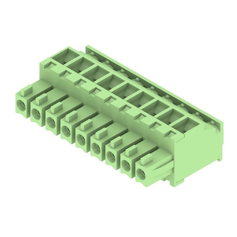 Ein grüner Reihenklemmenblock-Verbinder mit mehreren Anschlüssen, der typischerweise für elektrische Verbindungen verwendet wird und aus einer schrägen Perspektive gezeigt wird.