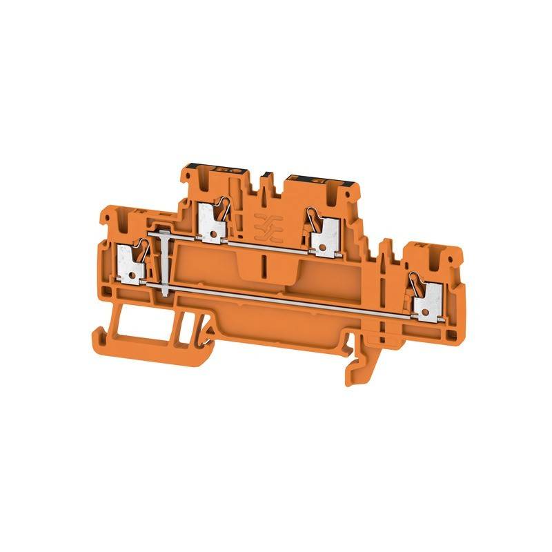 Ein orangefarbener modularer Anschlussblock mit Metallverbindern, der für elektrische Verdrahtung in industriellen Umgebungen verwendet wird. Er zeigt mehrere Anschlusspunkte.