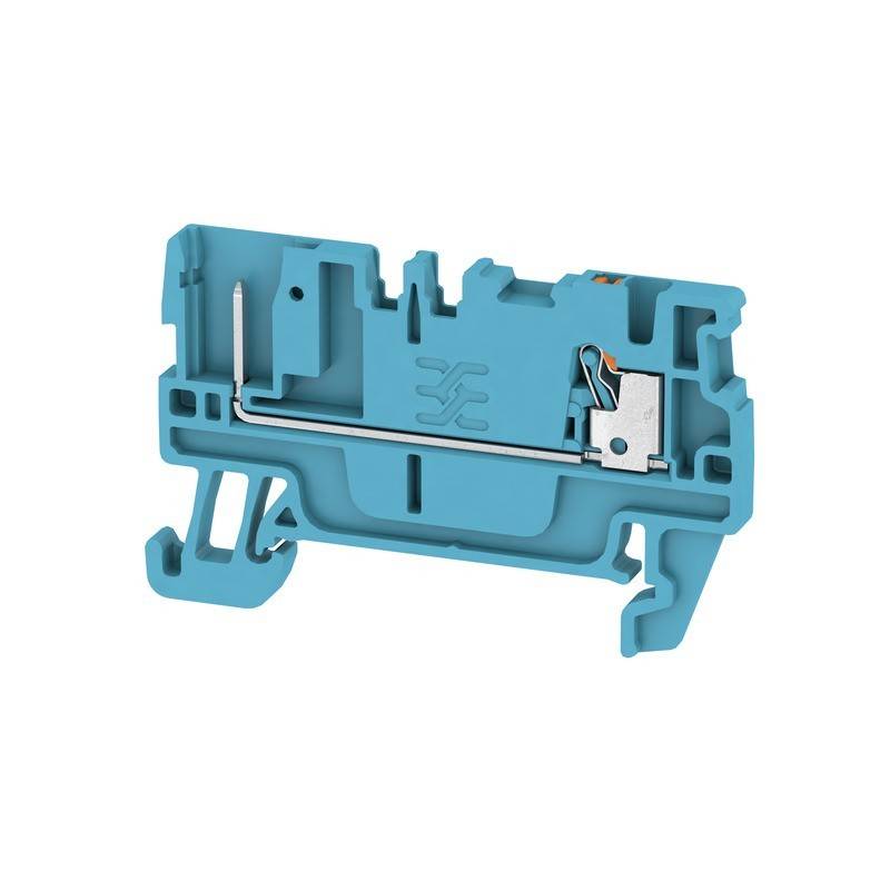Ein blauer Plastik-Klemmenblock mit Metallkomponenten, der zur Verbindung von elektrischen Kabeln dient und sein Designlayout sowie die Drahteinführungspunkte präsentiert.
