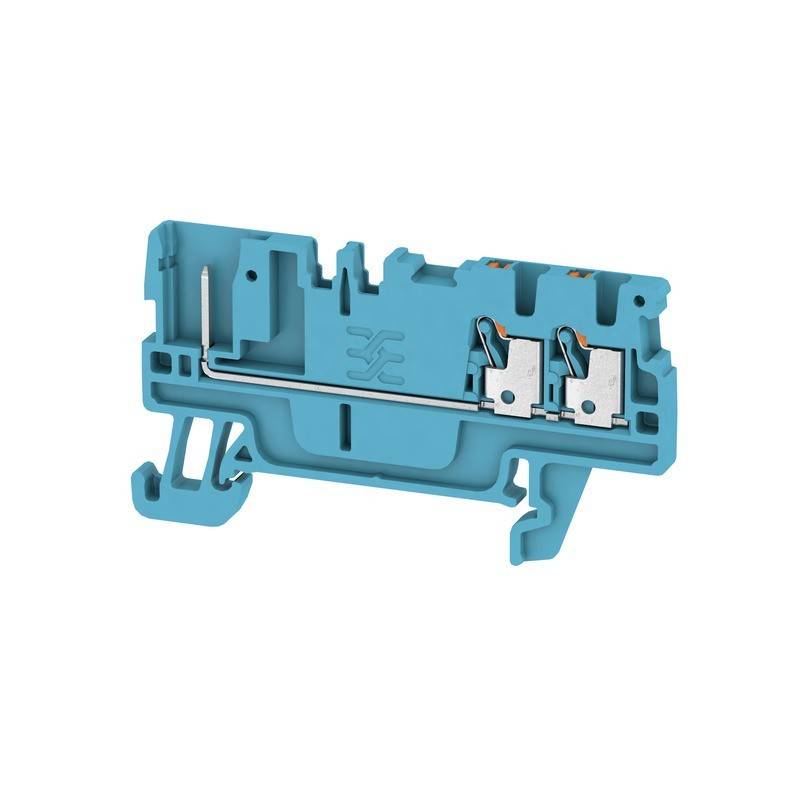 Ein blauer elektrischer Anschlussklemmenblock mit Metallkontaktpunkten und einer Montagehaken, der zum sicheren Verbinden von elektrischen Leitungen konzipiert ist.