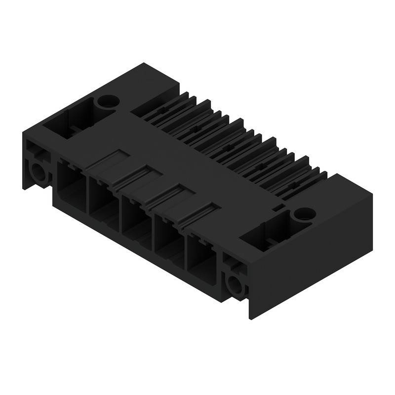 3D-Modell eines schwarzen elektrischen Verbindungsstücks mit mehreren Schlitzen und Befestigungslöchern, verwendet zur Sicherung elektrischer Verbindungen.