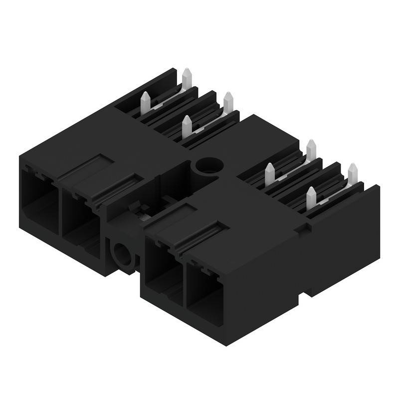 Ein schwarzer rechteckiger Anschluss mit mehreren silbernen Pins, der für die Montage auf elektronischen Geräten verwendet wird. Er verfügt über zwei Gehäusekompartimente.