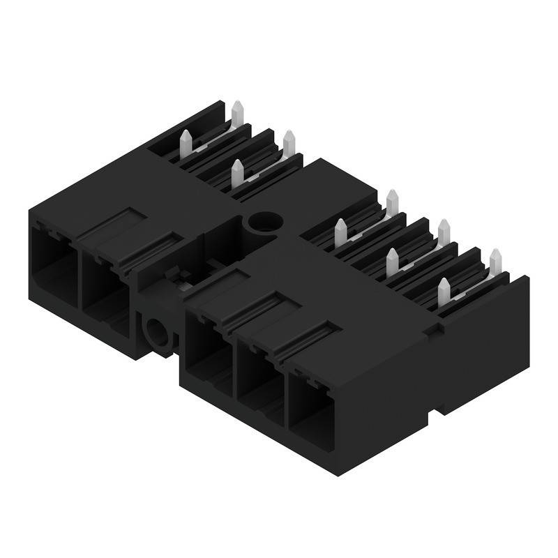 Ein schwarzer Kunststoff-Elektronikstecker mit mehreren Metallstiften, der wahrscheinlich zum Verbinden von Schaltkreisen oder Geräten in elektronischen Baugruppen verwendet wird.