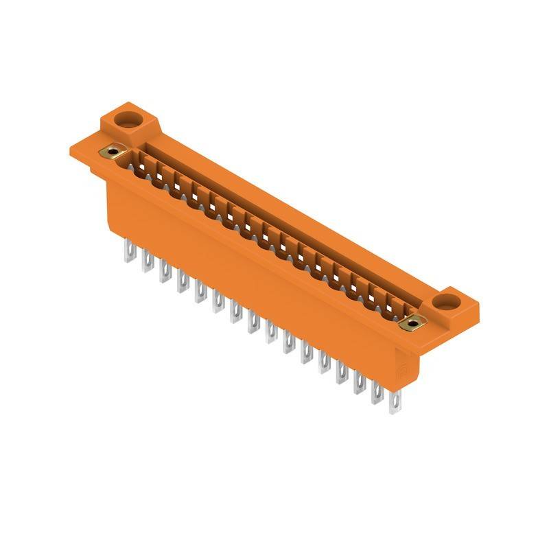 Ein orangefarbener, rechteckiger elektronischer Steckverbinder mit zwei Reihen von Pins, der für elektrische Verbindungen in Leiterplatten verwendet wird.