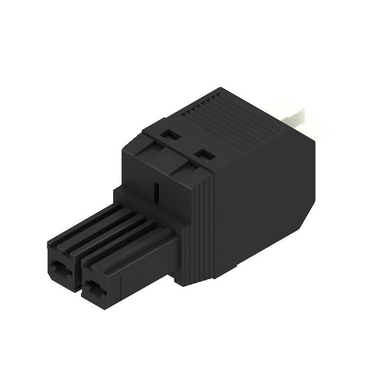 Ein schwarzer, rechteckiger elektrischer Anschluss mit Doppelports und gerippter Oberflächenstruktur, der zum Verbinden zweier separater elektronischer Komponenten verwendet wird.