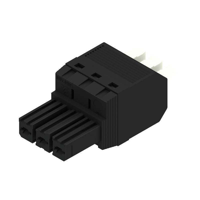 Ein schwarzer Netzstecker mit drei Kontakten, in schräger Ansicht, mit detaillierten Rillen und Stiften, der für Stromverbindungen in elektronischen Geräten verwendet wird.