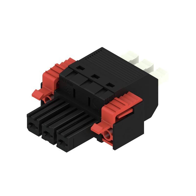 Ein schwarzer und roter elektrischer Steckverbinder mit drei Schlitzen und zwei weißen Clips, der in elektronischen Geräten zum sicheren Verbinden von Drähten verwendet wird.