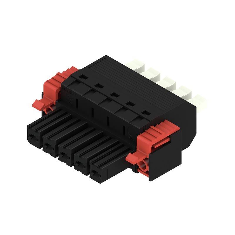 Ein rechteckiger schwarzer und roter elektrischer Verbinder mit mehreren Anschlüssen, der für Schaltkreisverbindungen konzipiert ist. Die Oberseite weist ein schwarzes Gehäuse auf.