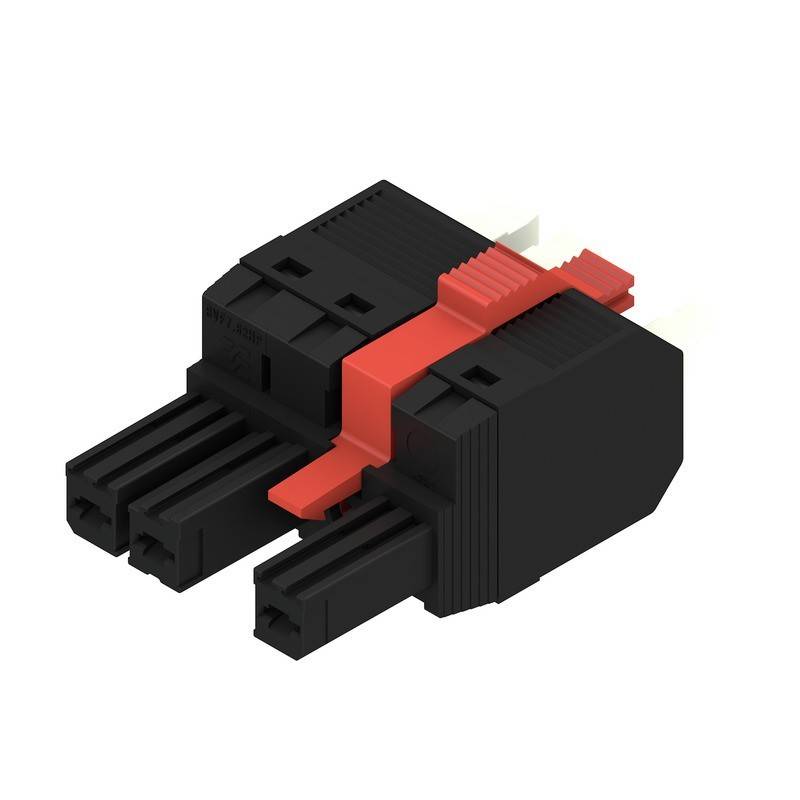 Ein schwarzer und roter elektrischer Verbinder mit zwei Anschlüssen und einem Verriegelungsmechanismus.