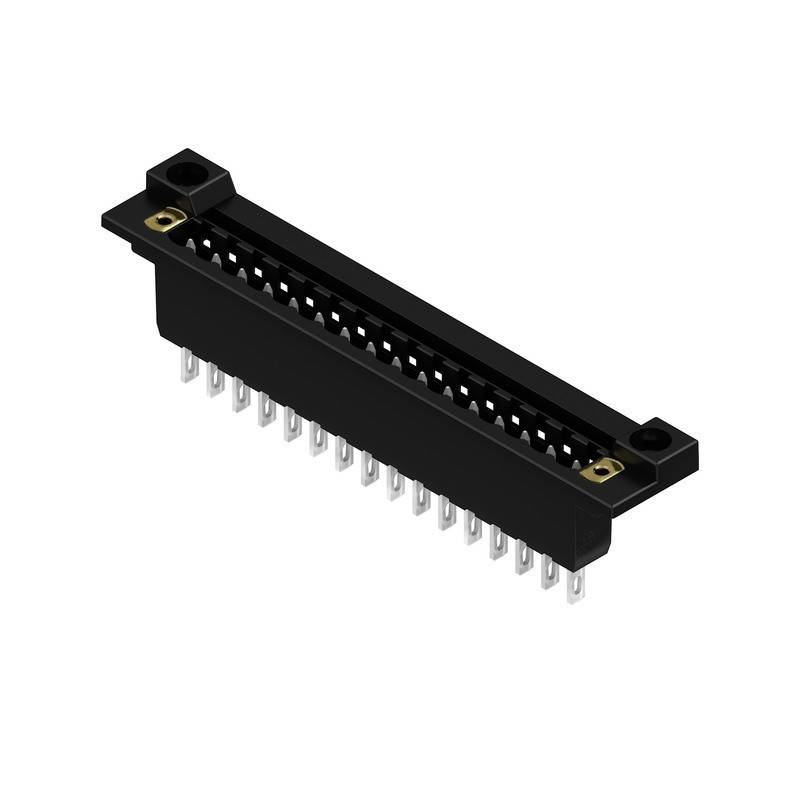 Ein rechteckiger, schwarzer elektronischer Anschluss mit mehreren silbernen Pins, der zum Verbinden von Komponenten in elektronischen Geräten verwendet wird.