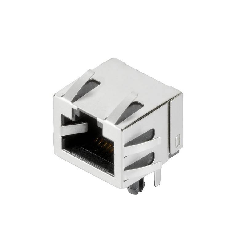 Eine Nahaufnahme eines Ethernet-Anschlusses mit Metallkontakten im Inneren, verwendet für Netzwerkkabelverbindungen in elektronischen Geräten.