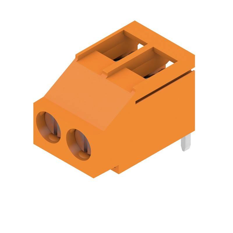 Ein orangefarbener Zweipunktanschlussblock mit zwei kreisrunden Öffnungen für Drahtverbindungen, geeignet für elektrische Schaltkreisanwendungen.