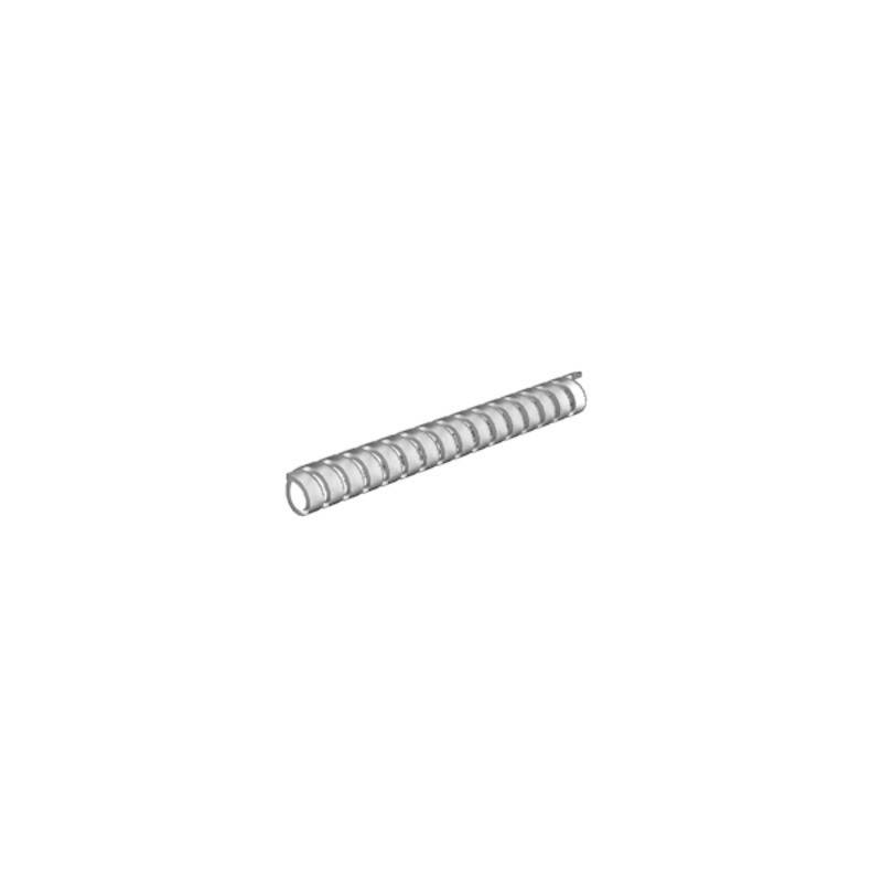 Eine lange, zylindrische Metallstange mit einer spiralförmigen Kante, allgemein als Schraube bekannt, horizontal auf einem einfarbigen Hintergrund ausgerichtet.