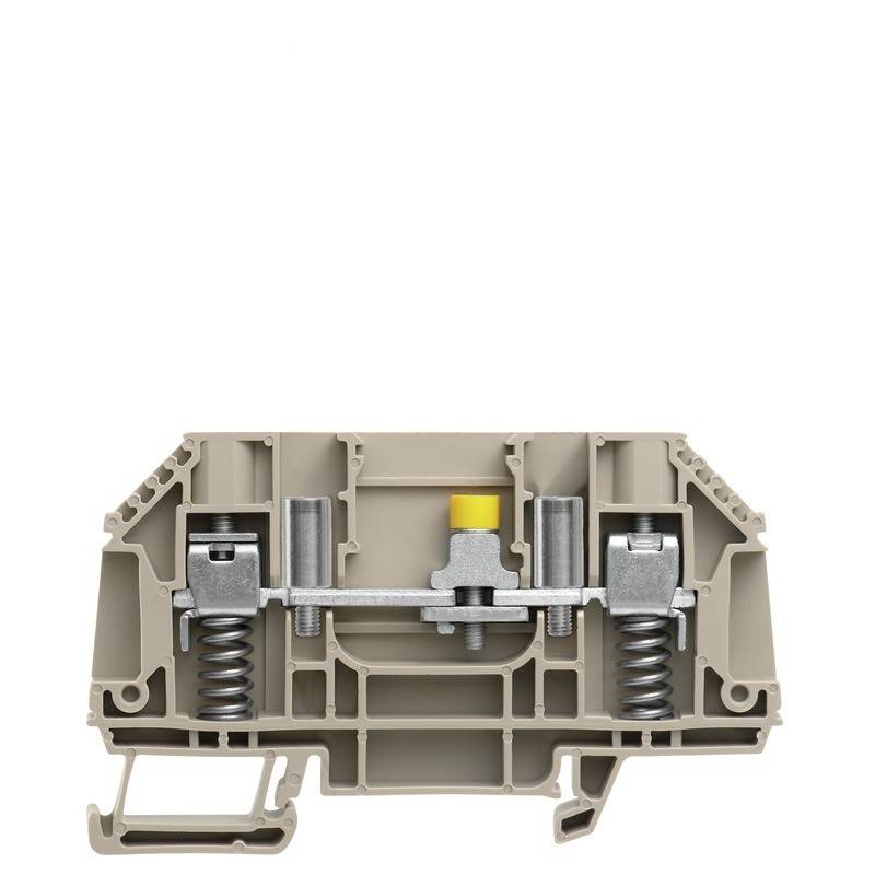 Ein grauer modularer Schraubklemmenblock mit metallischen Federn und Schrauben, der in elektrischen Verdrahtungssystemen zur effizienten Verbindung von Stromkreisen verwendet wird.