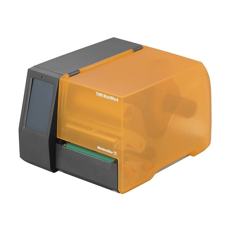 Weidmüller THM MultiMark Drucker mit orangefarbener Abdeckung, verwendet für industrielle Beschriftung und Druck auf Kabeln und Gerätetafeln.