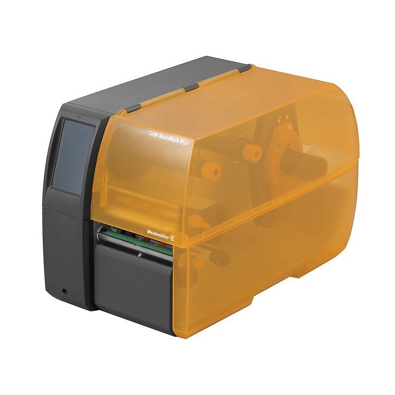 Ein Thermodrucker mit einer gelben Schutzabdeckung, ideal für industrielle Anwendungen mit hoher Haltbarkeit, entwickelt für effizientes Etikettendruck.