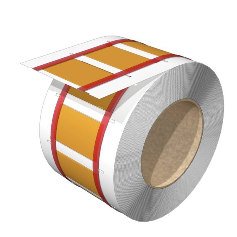 Eine Rolle Klebeetiketten mit roten und weißen Streifen auf gelbem Hintergrund, die für Verpackungs- oder Organisationszwecke verwendet wird.