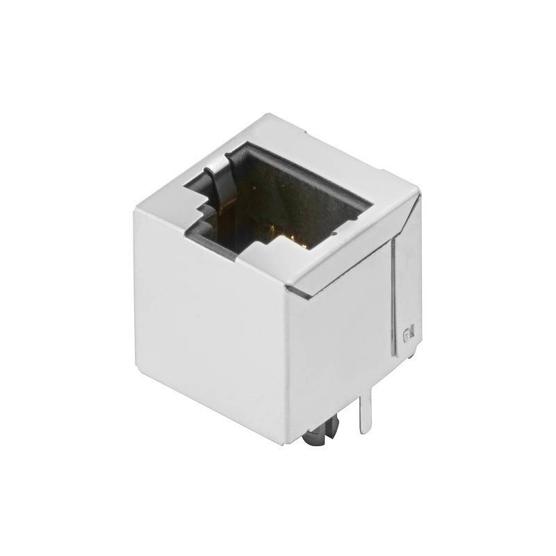 Ein Nahaufnahmebild einer silbernen Ethernet-Buchse, die ihre quadratische Form und die Schlitze zum Anschließen eines Ethernet-Kabels zeigt.