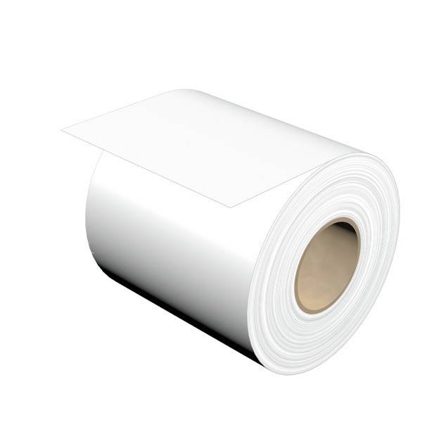Eine große Rolle aus weißem Material, höchstwahrscheinlich Papier oder Film, teilweise ausgerollt, um ihre Breite und Textur zu zeigen, vor einem einfarbigen Hintergrund.