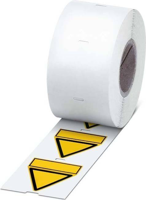 Rolle von Etikettierpapier mit sich wiederholenden gelben und schwarzen Warnungsdreiecken.