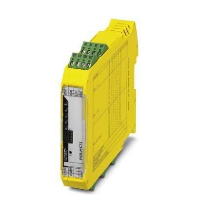 Ein gelbes elektronisches Sicherheitsrelais-Modul mit Anschlussklemmen an der Oberseite, das zur Überwachung von Sicherheitskreisen in industriellen Anwendungen verwendet wird.