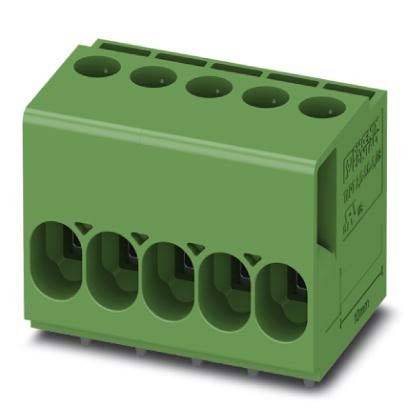 Ein grüner elektronischer Reihenklemmenblock mit mehreren Anschlusspunkten und Verdrahtungskennzeichnungen, der zum Verbinden von Drähten in elektrischen Systemen verwendet wird.
