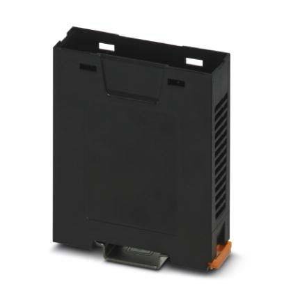 Eine schwarze elektronische Komponente, möglicherweise ein Akkupack oder -modul, mit einem orangefarbenen Riegel in der unteren rechten Ecke, aufrecht stehend.