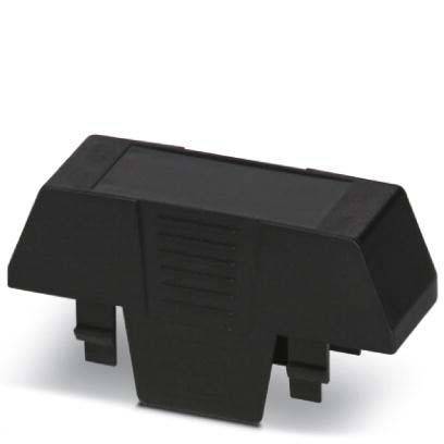 Eine schwarze rechteckige Kunststoffabdeckung mit abgeschrägten Seiten, wahrscheinlich verwendet als Schutzkappe oder Verschluss für eine elektronische oder mechanische Komponente.