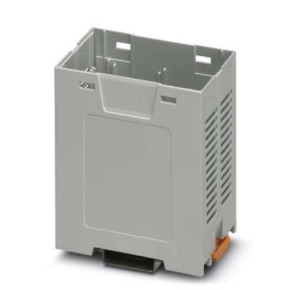 Ein rechteckiges elektronisches Gehäuse aus Kunststoff und Metall mit Lüftungsschlitzen und einem Verschlussmechanismus.