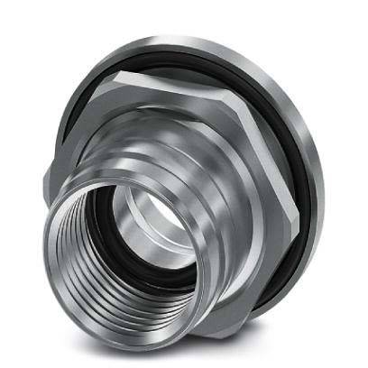 Ein metallischer Schraubanschluss mit einem schwarzen Ring, der zum Sichern von Kabeln oder Rohren in mechanischen oder elektrischen Systemen verwendet wird.