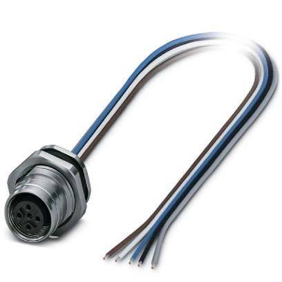 Ein mehrpoliger elektrischer Stecker mit vier farbigen Leitungen: schwarz, blau, braun und weiß, die nach außen verlaufen.