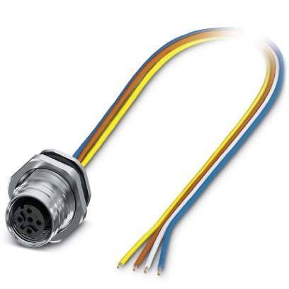 Ein 6-poliger kreisförmiger Stecker mit roten, gelben, blauen und orangefarbenen Leitungen.
