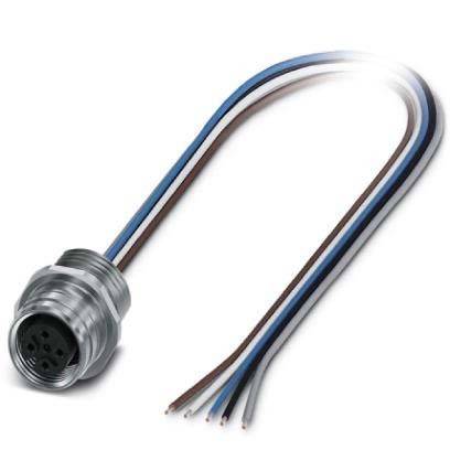 Ein kreisförmiger Metallstecker mit fünf farbigen Leitungen: schwarz, braun, weiß, blau und braun/blau, die vom Rückseite herausragen.