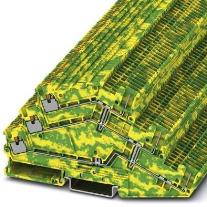 Nahaufnahme einer detaillierten, geschichteten Leiterplatte mit einem grün-gelben Muster. Die Schichten erscheinen gestapelt und zeigen komplexe elektronische Komponenten.