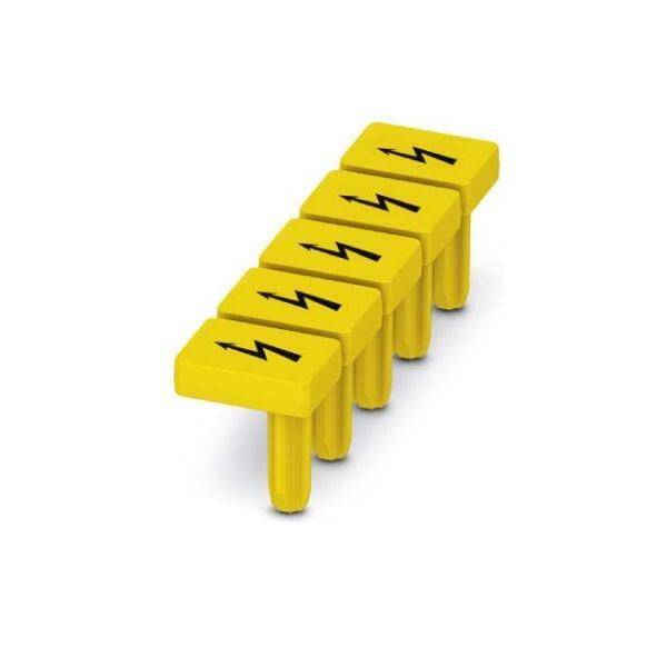 Fünf gelbe LEGO-Steine, von denen jeder ein schwarzes Blitzsymbol trägt, sind in einer gestaffelten Anordnung platziert.