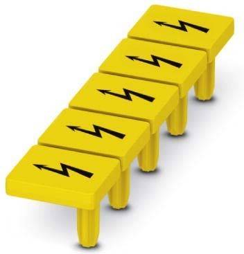 Fünf gelbe Stühle in Form von elektrischen Steckern sind nebeneinander aufgereiht. Auf der Rückenlehne jedes Stuhls befindet sich ein schwarzes Blitzsymbol.