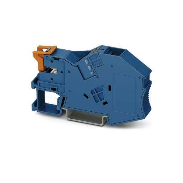 Ein blau-orangefarbener elektrischer Klemmenblock mit mehreren Schlitzen und einer Metallbasis, der zum Verbinden und Sichern von elektrischen Leitungen verwendet wird.