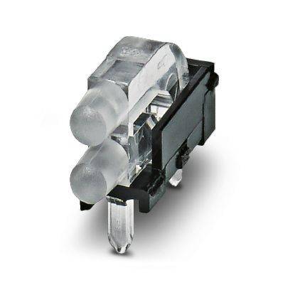 Nahaufnahme einer kleinen durchsichtigen und schwarzen elektrischen Komponente mit zwei Metallstiften und einer transparenten hervorstehenden Linse, gezeigt auf weißem Hintergrund.