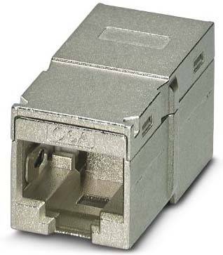 Nahaufnahme eines Metall-Keystonejacks, der für Netzwerkkabelung verwendet wird, der seine rechteckige Form und den Anschlussschlitz an einem Ende zeigt.