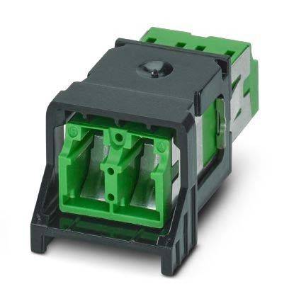 Ein schwarzer und grüner modularer elektrischer Steckverbinder mit zwei Schlitzen, für industrielle Anwendungen konzipiert, aus einem seitlichen Blickwinkel dargestellt.