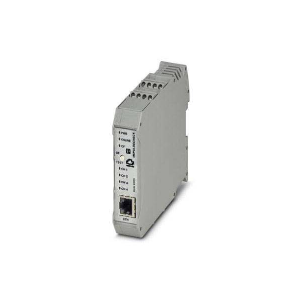 Ein kompakter industrieller Ethernet-Switch mit mehreren LED-Anzeigen und einem Ethernet-Port auf dem Frontpanel.