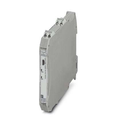 Ein schlanker, rechteckiger grauer elektronischer Apparat mit beschrifteten Anschlüssen, höchstwahrscheinlich ein Signalkonditionierer oder eine ähnliche industrielle Hardwarekomponente.