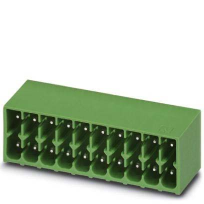 Ein grüner rechteckiger Anschluss mit mehreren Steckplätzen für elektrische Verbindungen, der häufig in elektronischen Schaltkreisen oder Geräten verwendet wird.