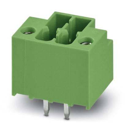 Grüner zweipoliger Klemmenblock mit Schraubanschlüssen und zwei Metallstiften, verwendet zum Anschluss elektrischer Leitungen in Schaltkreisen.