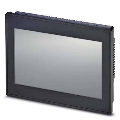 Ein schwarzes industrielles Touchscreen-Panel mit einem eleganten Design und einer leeren Anzeige. Es ist leicht geneigt, wobei seine Tiefe und Dicke sichtbar sind.